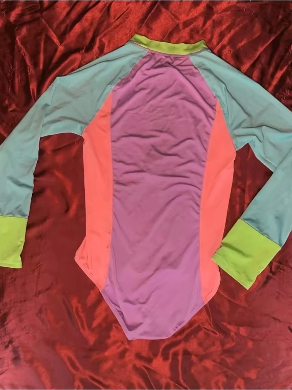 Lands' End Girls' Colorblock One-Piece Rash Guard in Purple, Coral & Aqua